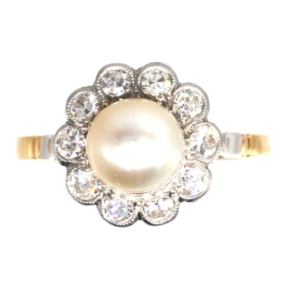 Early 20th Century French 18ct gold and platinum pearl diamond cluster ring, vintage engagement jewelry.