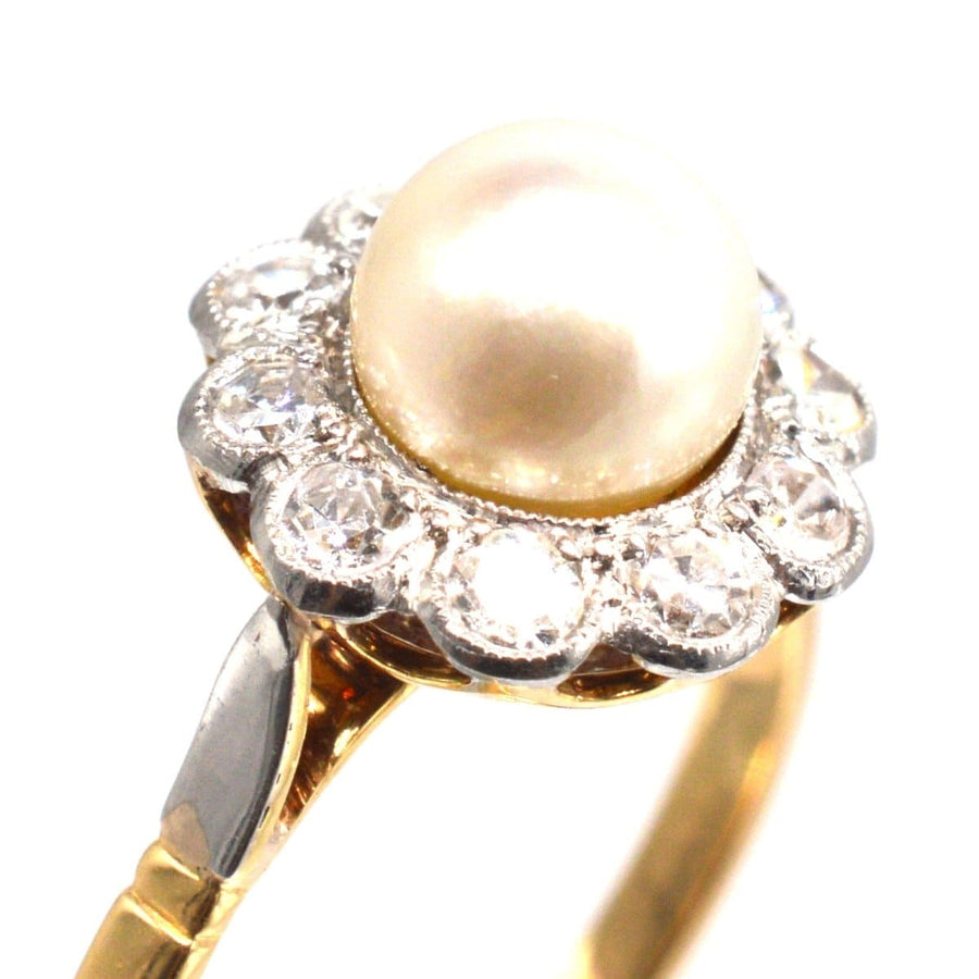 Early 20th Century French gold and platinum pearl and diamond cluster ring, perfect for engagement.