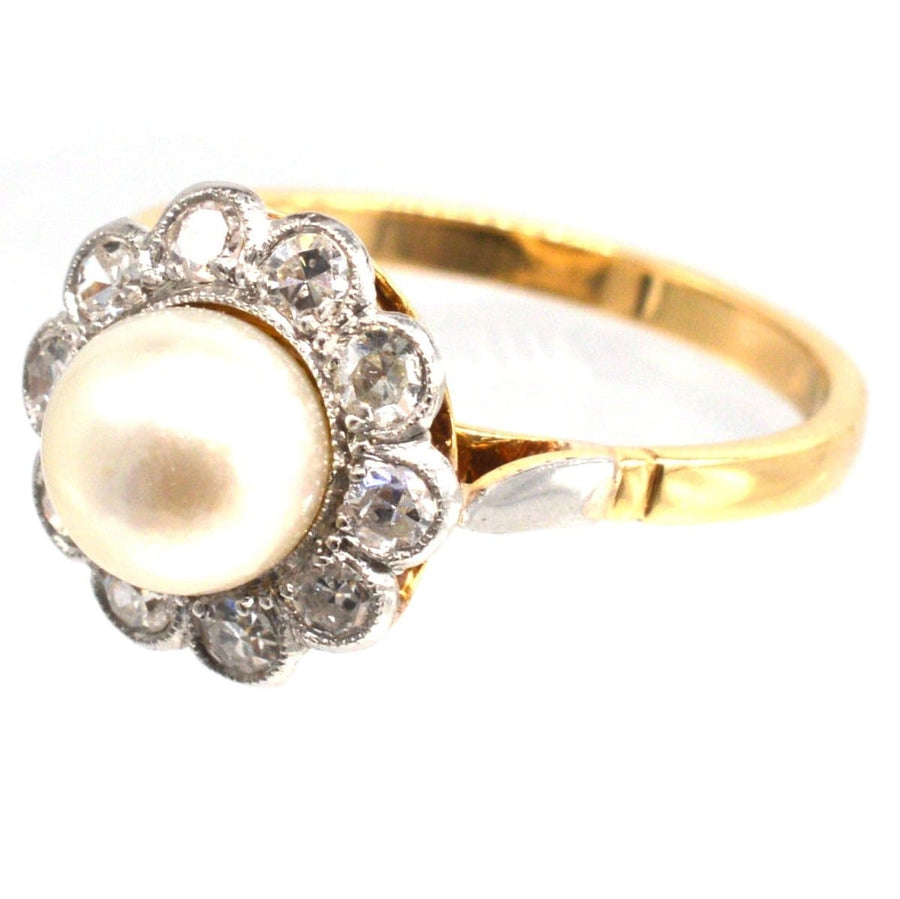Early 20th century 18ct gold and platinum pearl and diamond cluster ring, perfect for engagement.