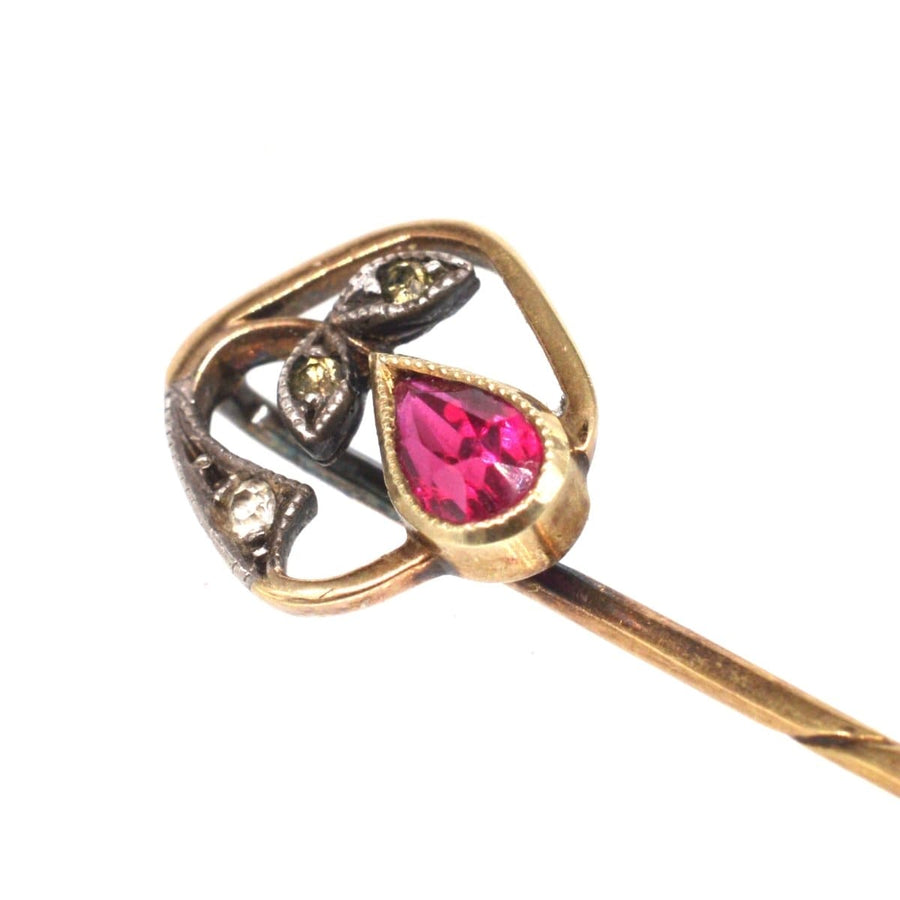 14ct gold floral stickpin with synthetic red spinel and diamond leaves, Edwardian era, Austria, vintage jewelry