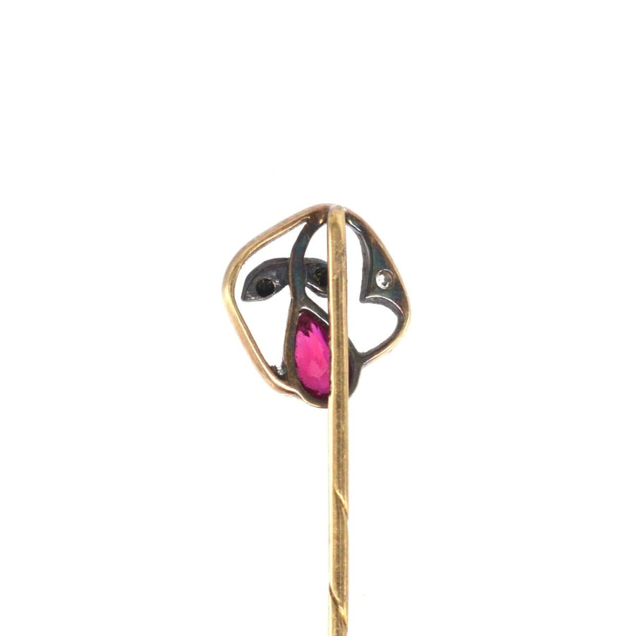Edwardian 14ct gold tie pin featuring synthetic red spinel and diamond accents, crafted in Austria, 1872-1922.