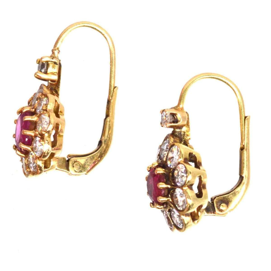 Edwardian 15ct gold cluster earrings with diamonds and rubies, perfect for elegant everyday wear.