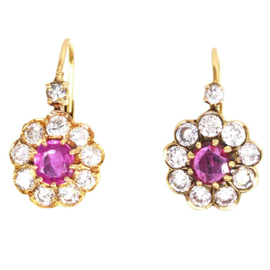 Edwardian 15ct gold diamond and ruby cluster earrings with hinged back settings, perfect for everyday wear.