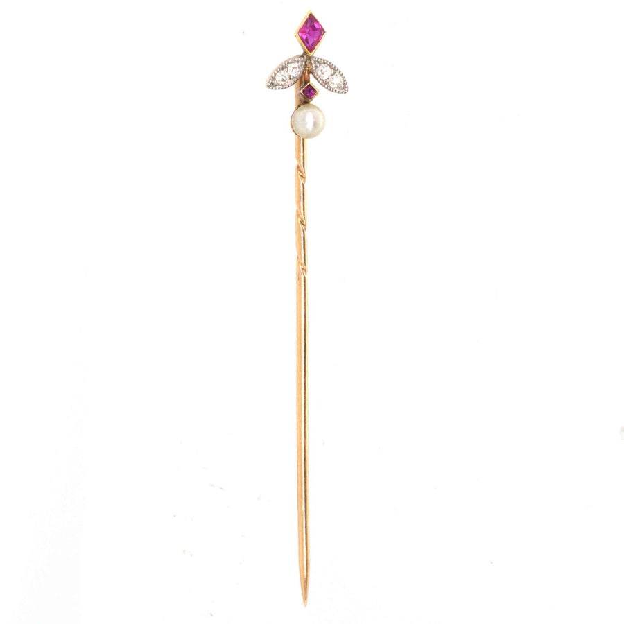 Edwardian 15ct Gold Ruby, Diamond and Natural Pearl Tie Pin | Parkin and Gerrish | Antique & Vintage Jewellery