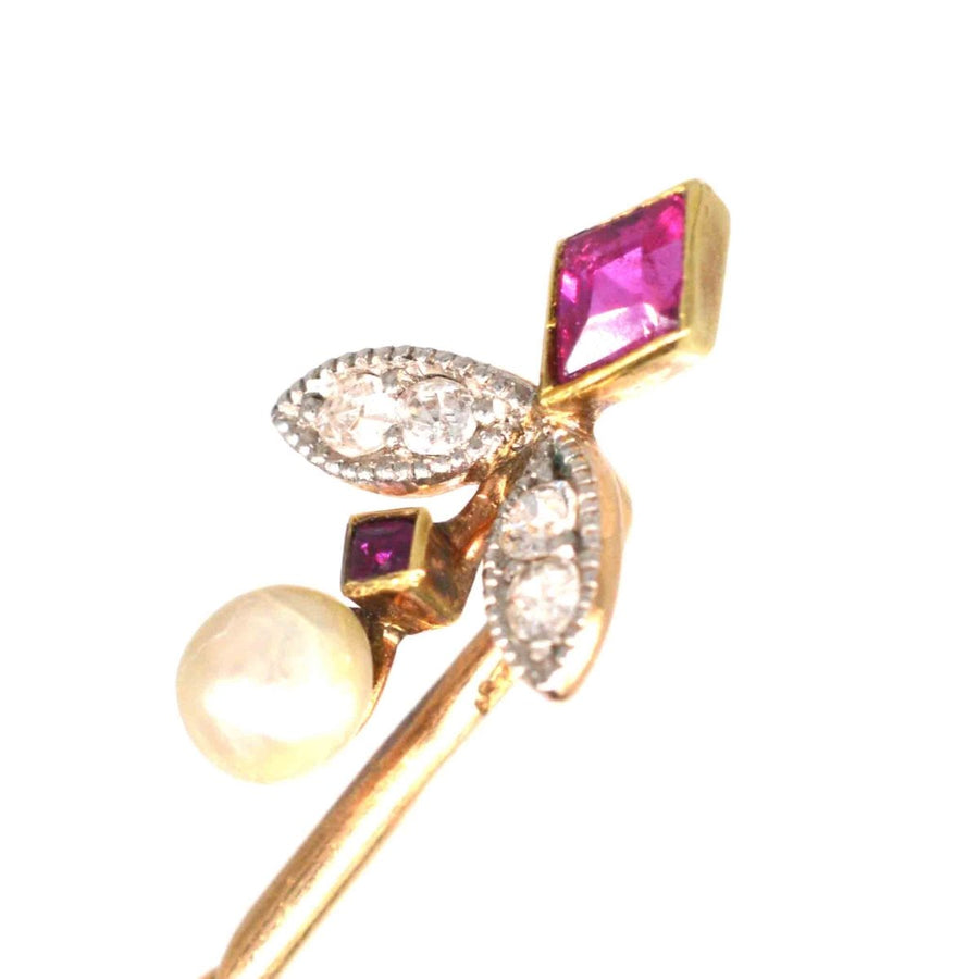 Edwardian 15ct Gold Ruby, Diamond and Natural Pearl Tie Pin | Parkin and Gerrish | Antique & Vintage Jewellery