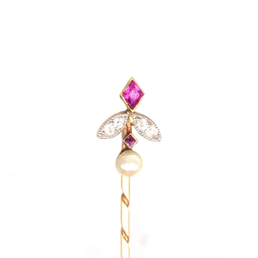 Edwardian 15ct Gold Ruby, Diamond and Natural Pearl Tie Pin | Parkin and Gerrish | Antique & Vintage Jewellery
