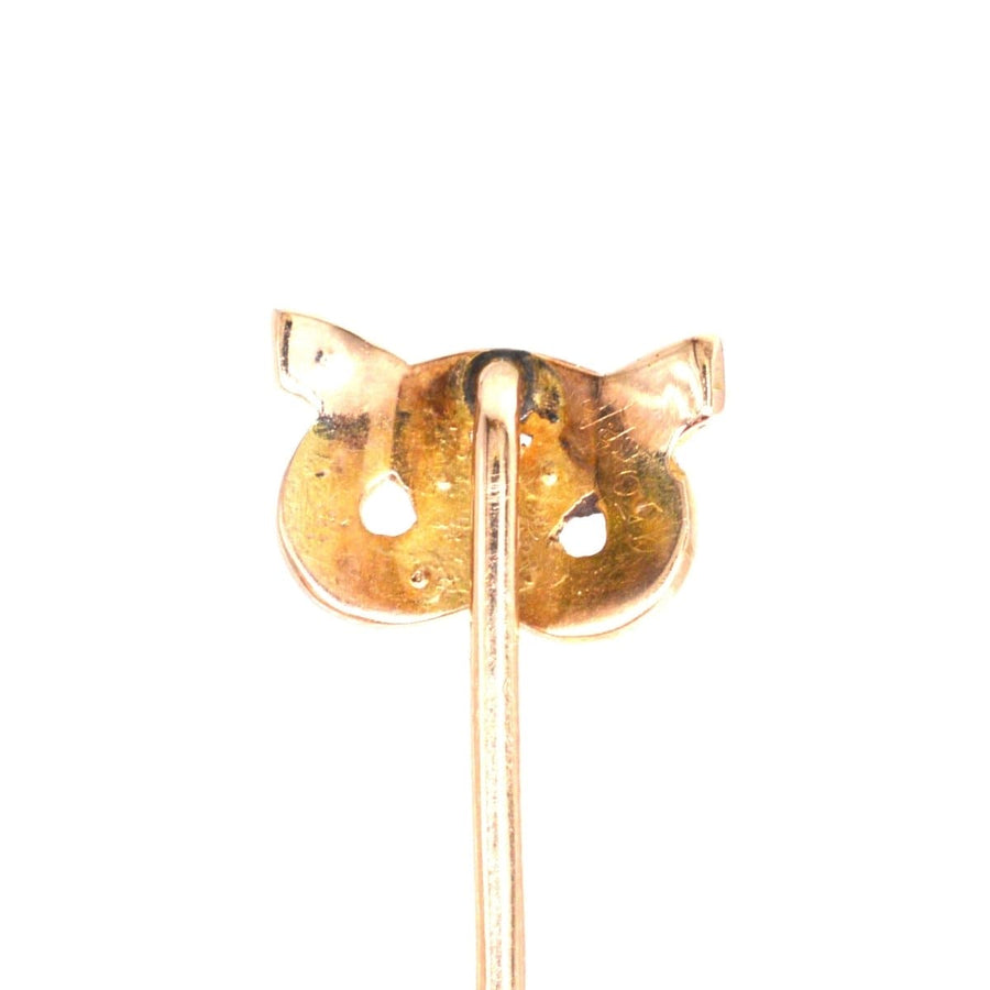 Back view of Edwardian 15ct gold Stafford knot tie pin with split pearl detailing.