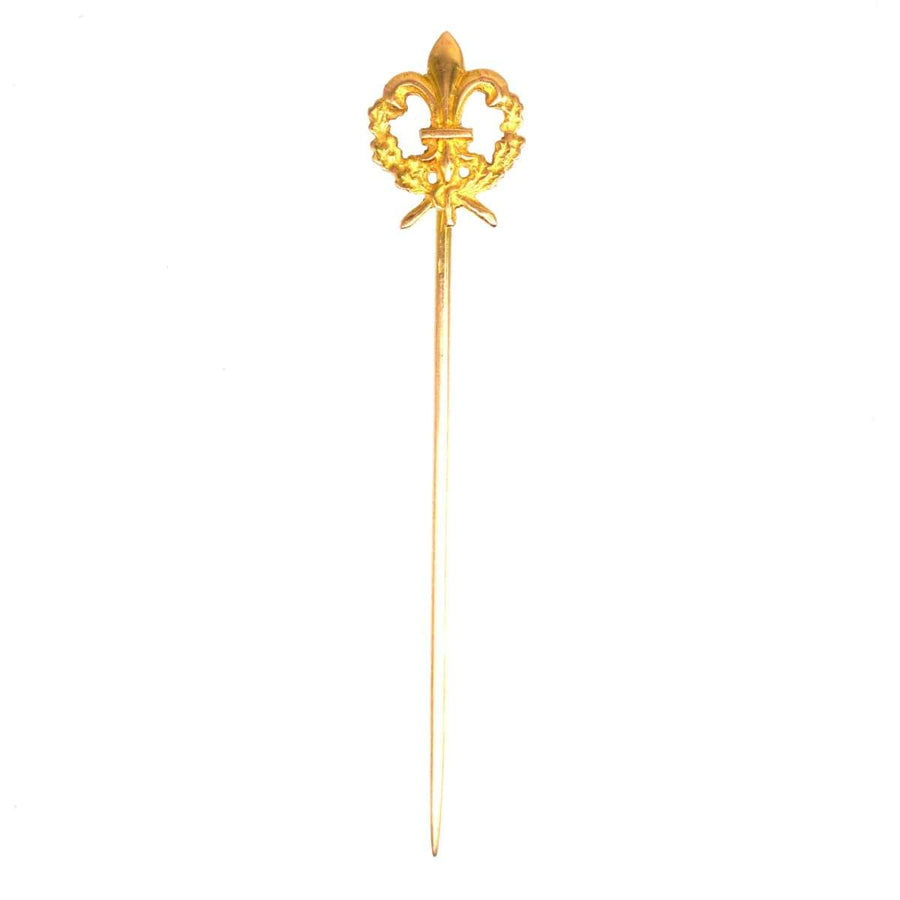 Edwardian 18ct gold tie pin with fleur-de-lis design, perfect for adding elegance to ties and lapels.