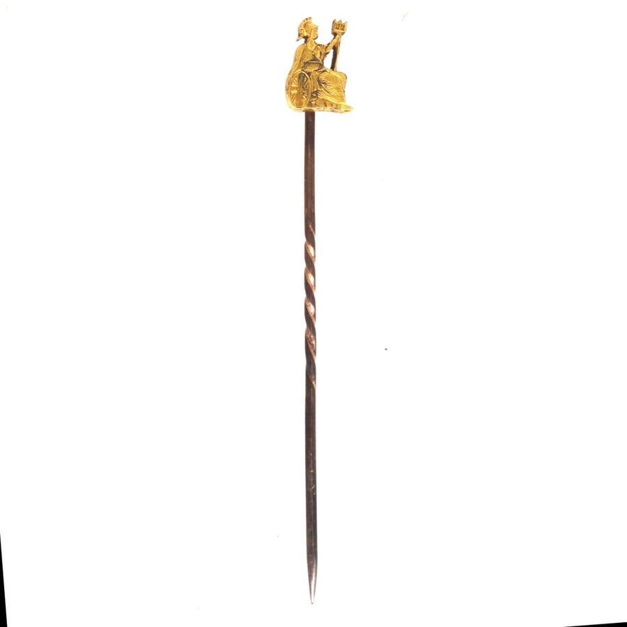 18ct gold Britannia tie pin tribute to Royal Norfolk Regiment from early 1900s, showcasing exceptional detail.