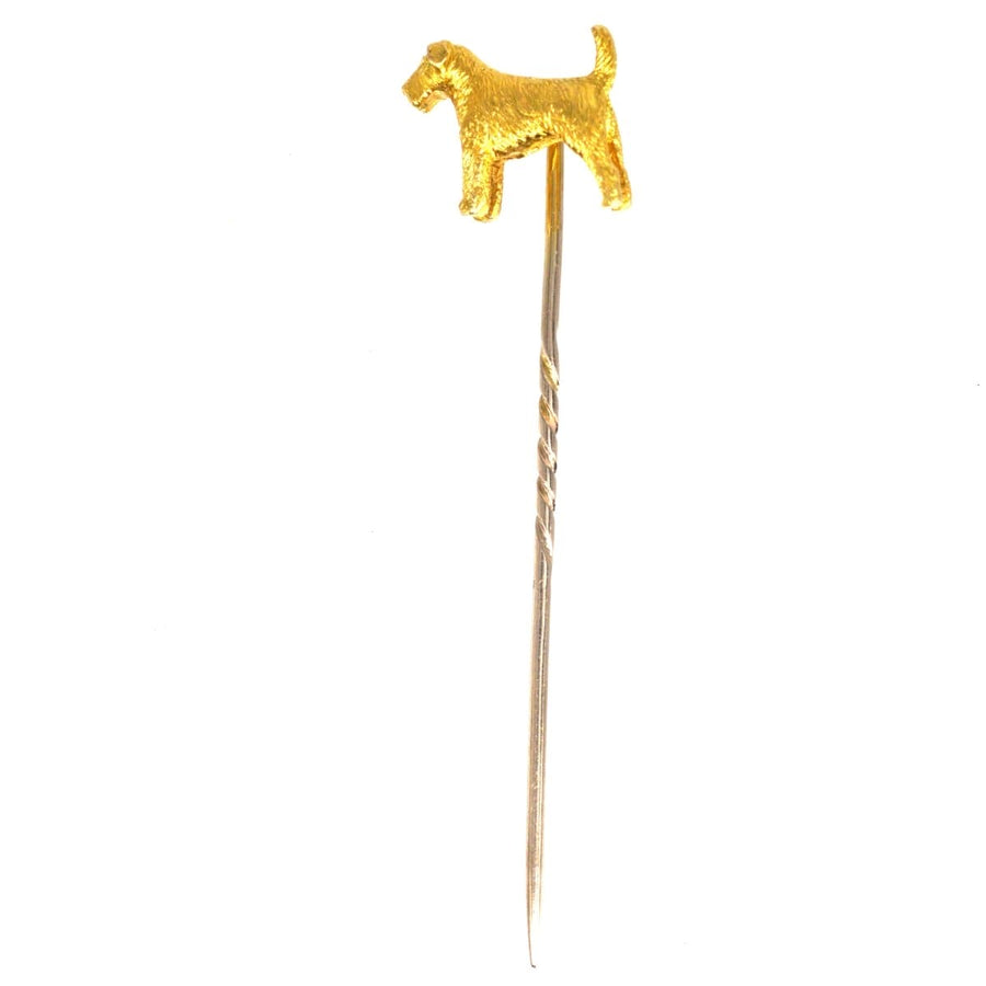 18ct gold terrier dog tie pin, vintage London craftsmanship, perfect for dog lovers and collectors.