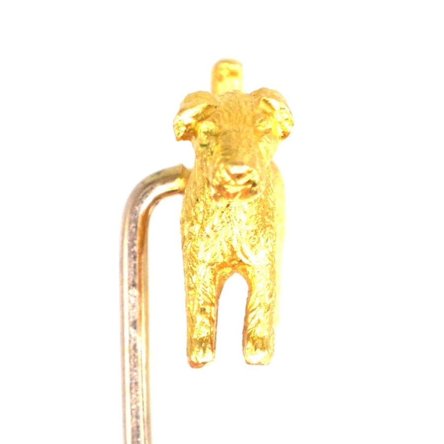 18ct gold terrier dog tie pin, crafted in London 1904, showcasing a charming terrier design.