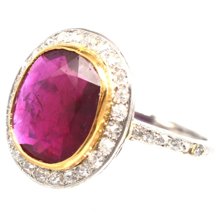 Edwardian 18ct white gold cluster ring featuring an unheated Burma ruby and diamond surround, gemmological certified.