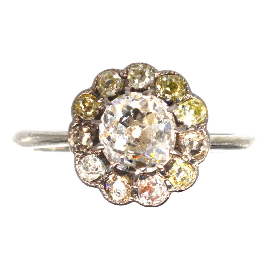 Edwardian 18ct white gold cluster ring with old mine cut diamond and tinted cluster stones.