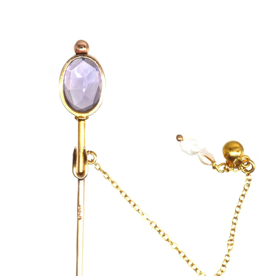 9ct gold tie pin with oval amethyst and freshwater pearl chain, elegant accessory for formal wear.