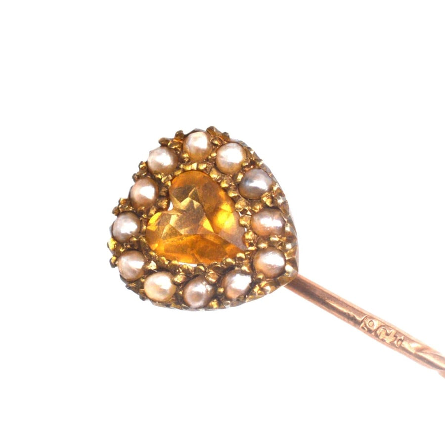 9ct gold heart tie pin embellished with a citrine heart and seed pearls, perfect gift for loved ones.