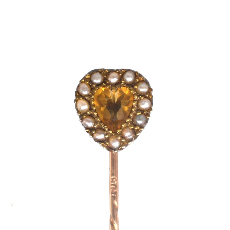 9ct gold heart tie pin featuring a citrine gem surrounded by seed pearls, ideal gift for loved ones.