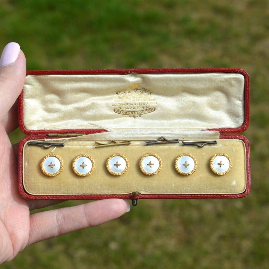 Edwardian 9ct Gold Mother of Pearl Buttons in Original Case | Parkin and Gerrish | Antique & Vintage Jewellery