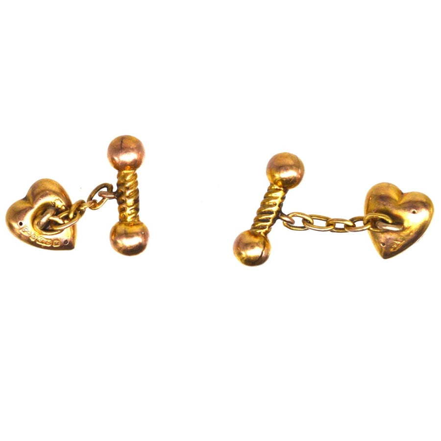 Edwardian 9ct gold puffy heart cufflinks with baton design, fully hallmarked for 1900 in Chester.
