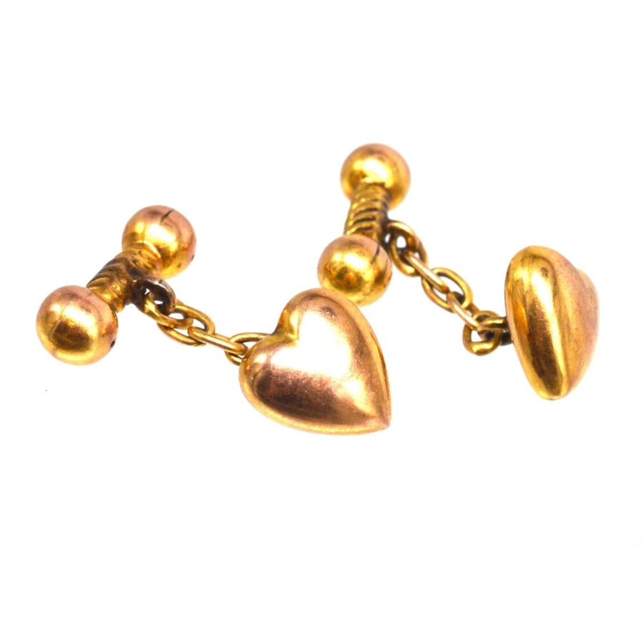 9ct gold puffy heart cufflinks with baton, hallmarked 1900 in Chester, perfect gift for expressing love.