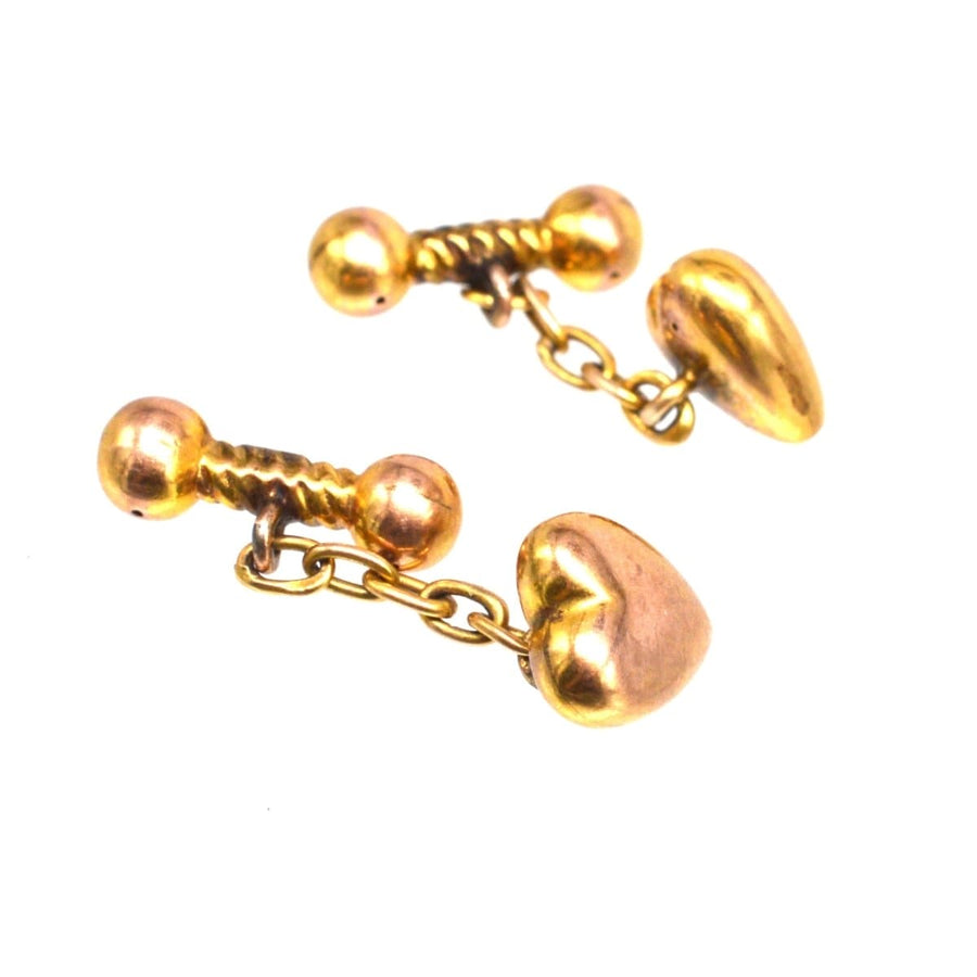 Edwardian 9ct gold puffy heart cufflinks with baton and chain, fully hallmarked for 1900 in Chester.