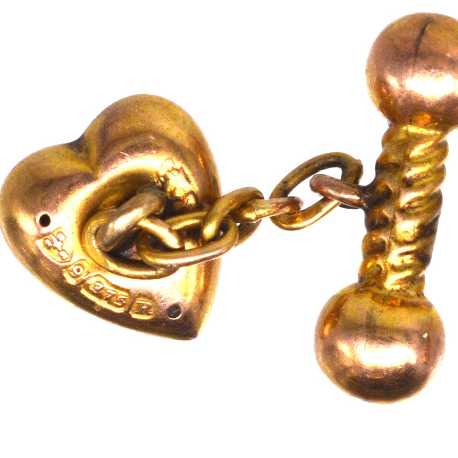 9ct gold puffy heart cufflinks with baton, fully hallmarked for 1900 in Chester, ideal romantic gift.