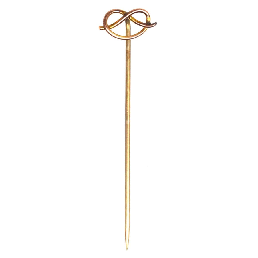Edwardian 9ct gold Stafford Knot tie pin, symbol of love, dating back to 1900-1910, resembling a pretzel design.