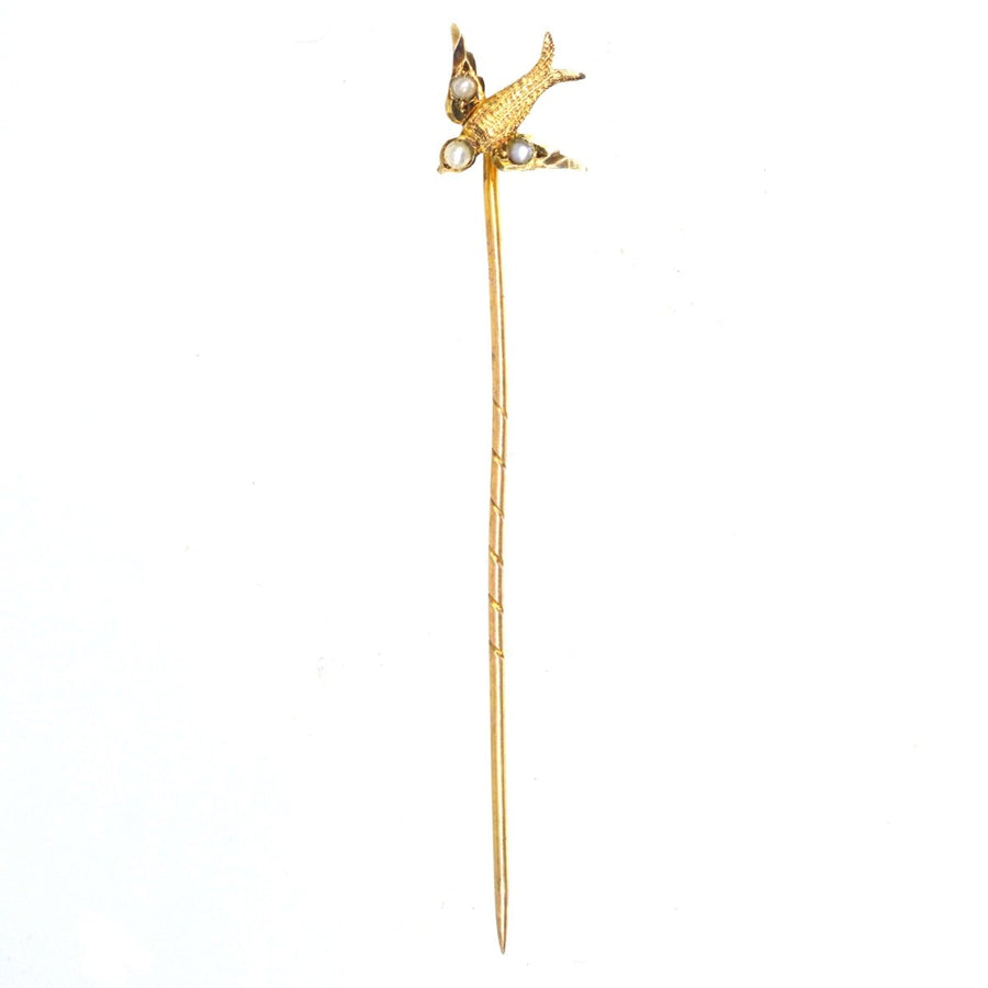 Edwardian 9ct Gold Swallow Tie Pin with Seed Pearls | Parkin and Gerrish | Antique & Vintage Jewellery