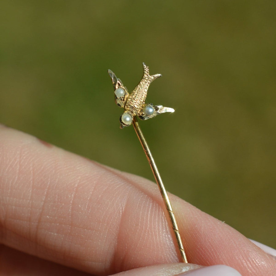 Edwardian 9ct Gold Swallow Tie Pin with Seed Pearls | Parkin and Gerrish | Antique & Vintage Jewellery