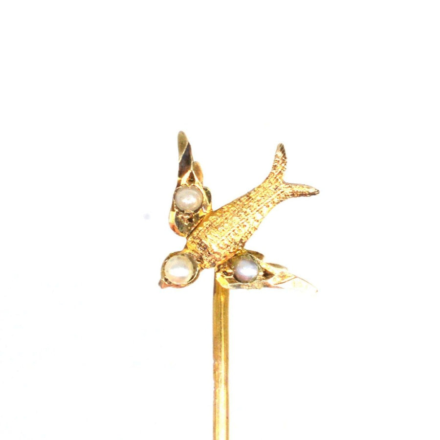 Edwardian 9ct Gold Swallow Tie Pin with Seed Pearls | Parkin and Gerrish | Antique & Vintage Jewellery