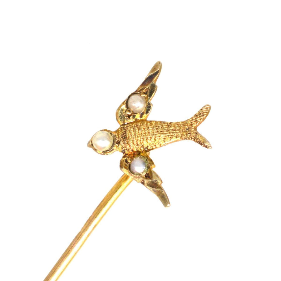 Edwardian 9ct Gold Swallow Tie Pin with Seed Pearls | Parkin and Gerrish | Antique & Vintage Jewellery