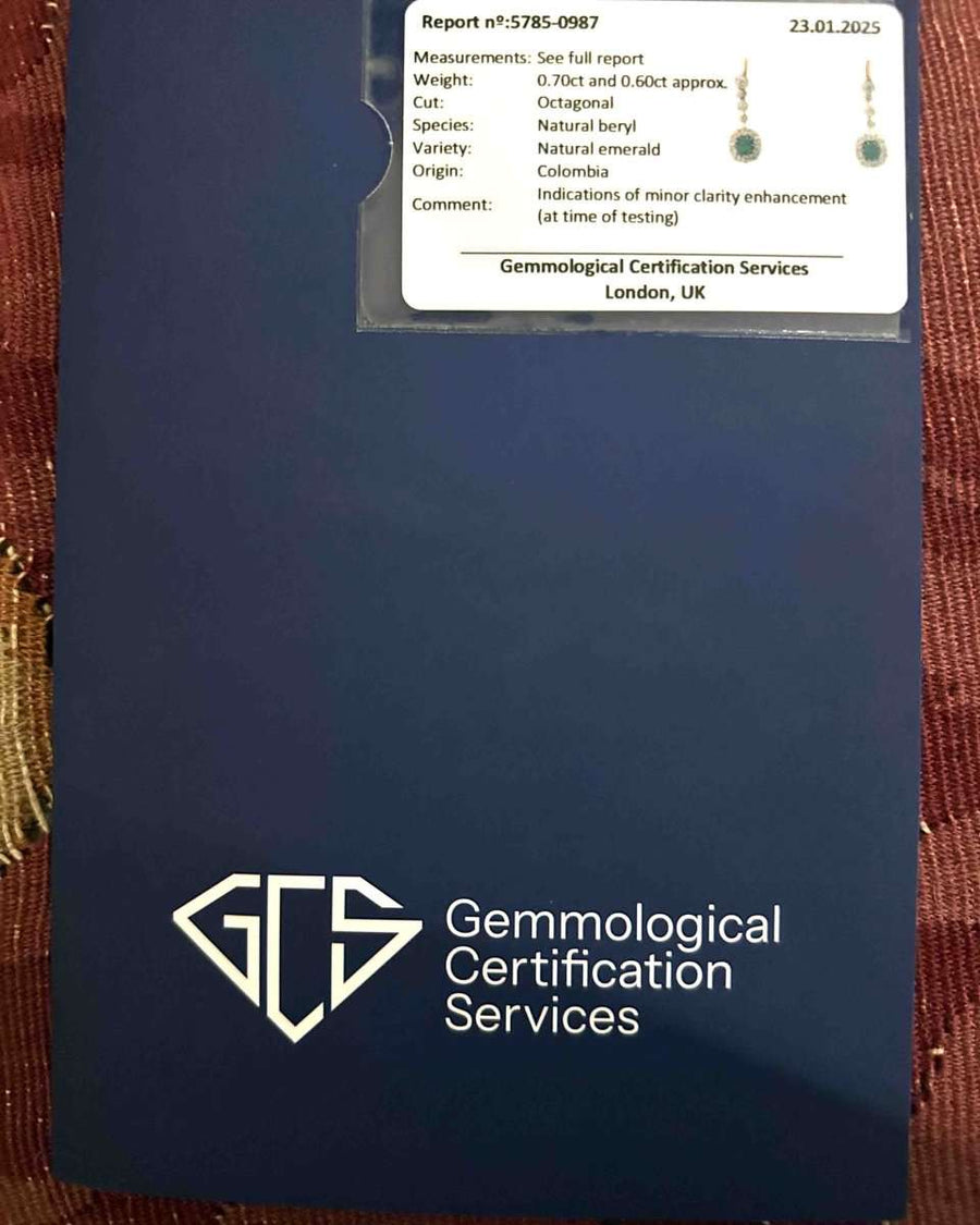 Gemmological certification report for Colombian emerald and diamond earrings, showcasing details and authenticity.