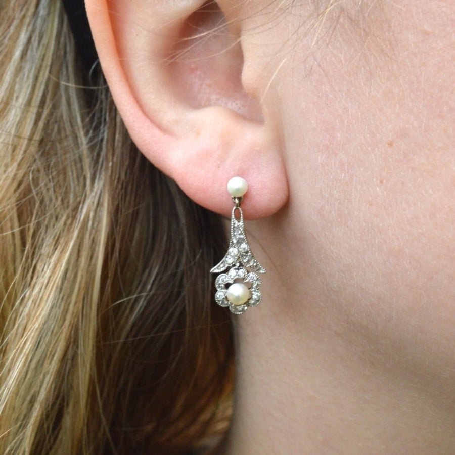 Edwardian Platinum and 18ct Gold, Pearl and Diamond Earrings
