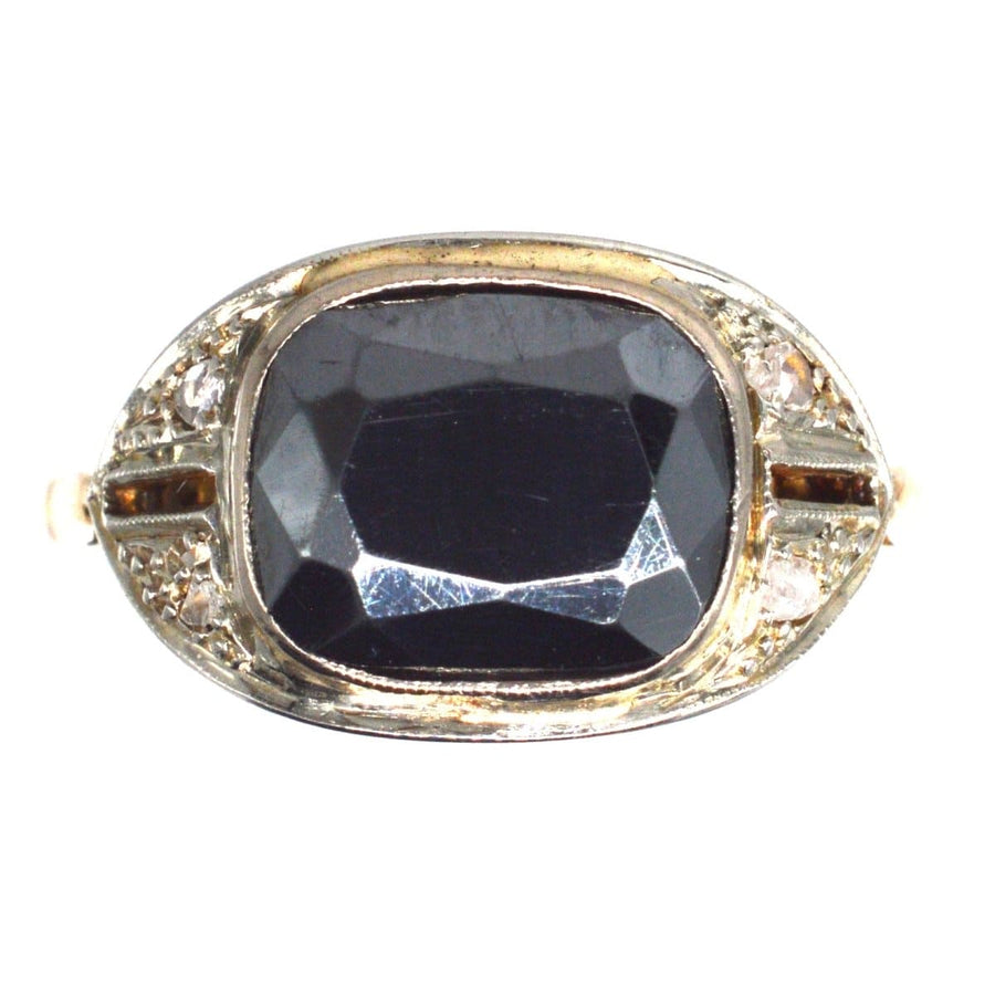 French Art Deco 18ct Gold and Platinum hematite ring with diamond accents, unique vintage jewelry for unisex styles.