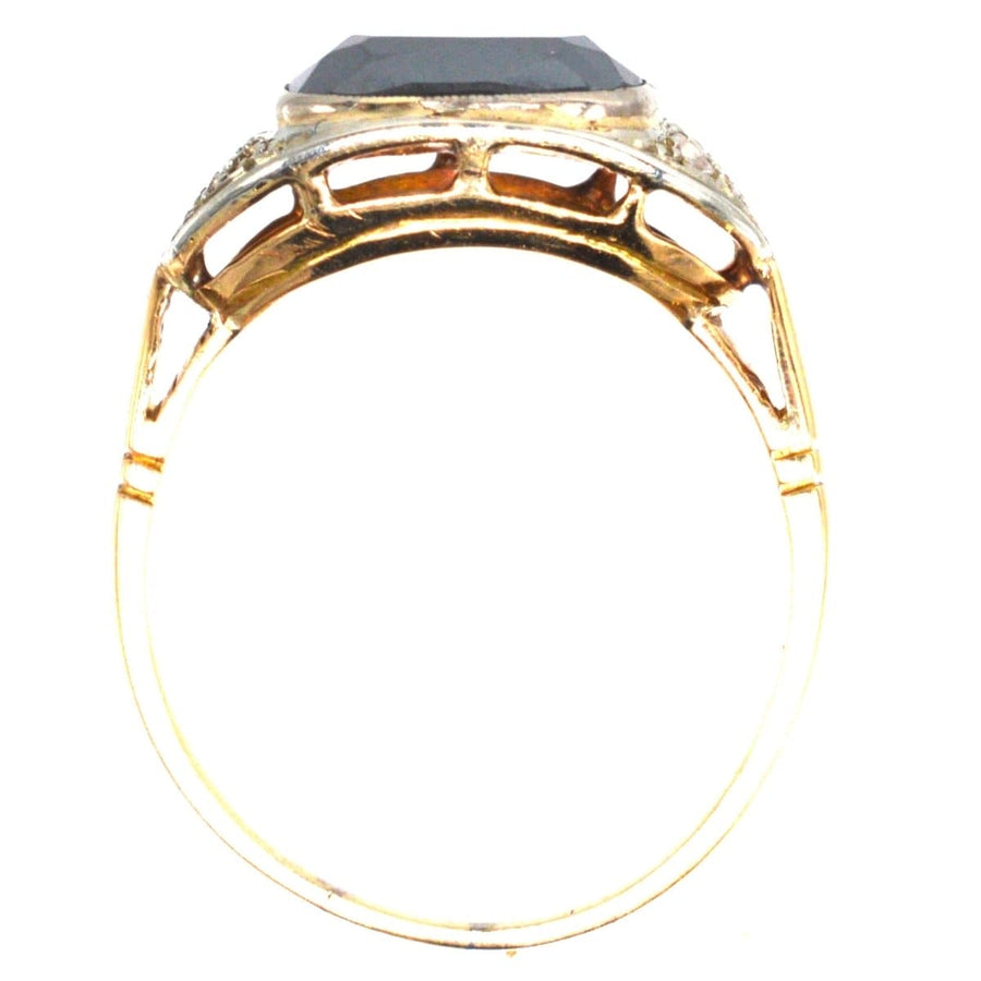 Art Deco 18ct gold and platinum ring featuring a hematite stone and diamond accents, a unique unisex design.