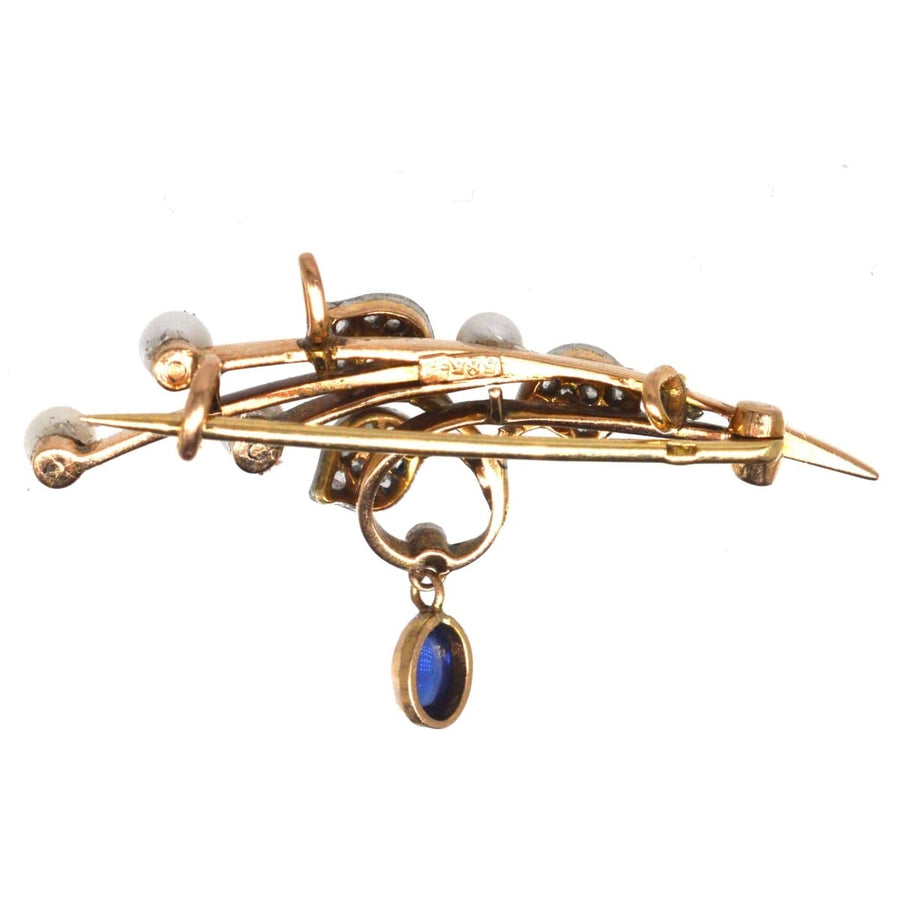 French Art Nouveau 14ct gold brooch pendant with pearl, diamond, and cabochon sapphire detailing.