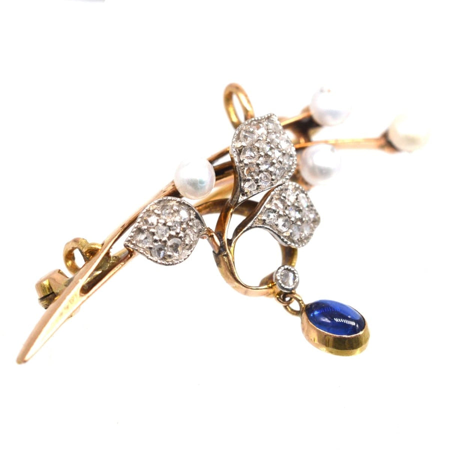 French Art Nouveau 14ct gold brooch pendant with pearls, diamonds, and cabochon sapphire drop