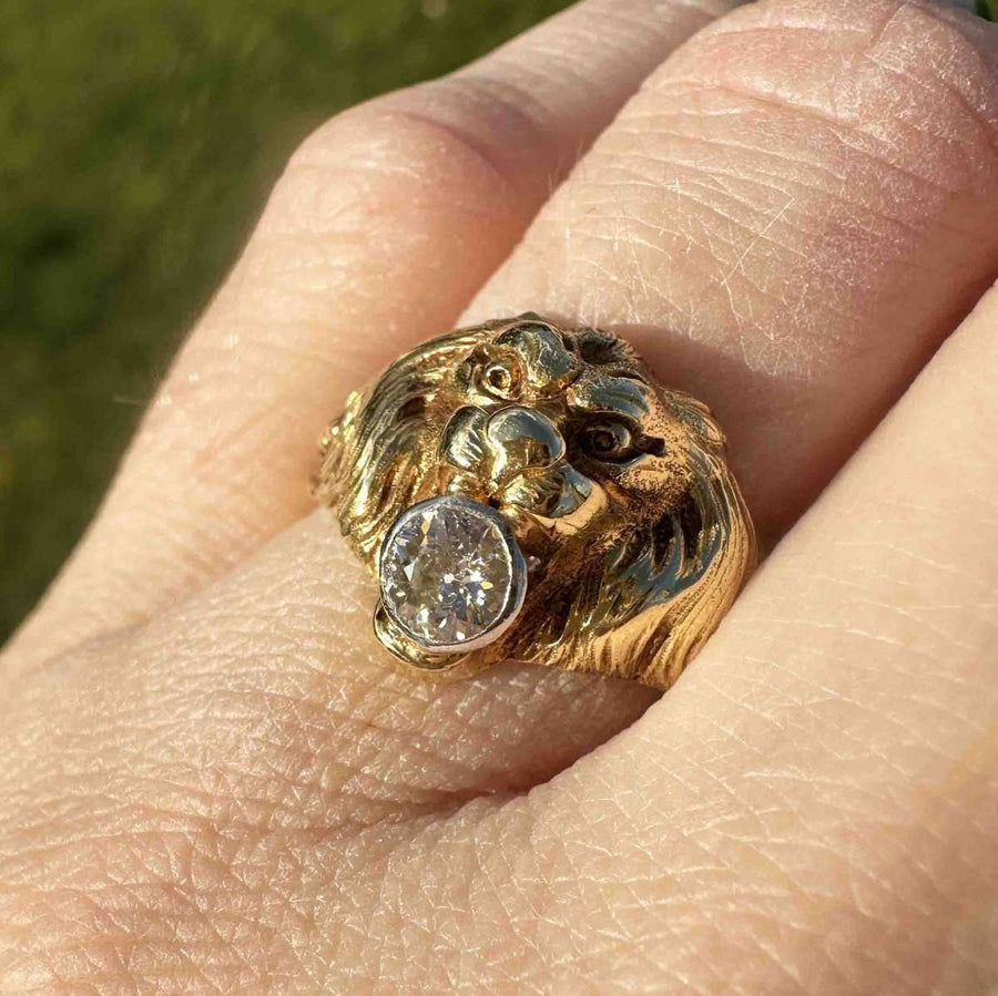 18ct gold Art Nouveau lion ring with diamond, showcasing exquisite artistry and bold design.
