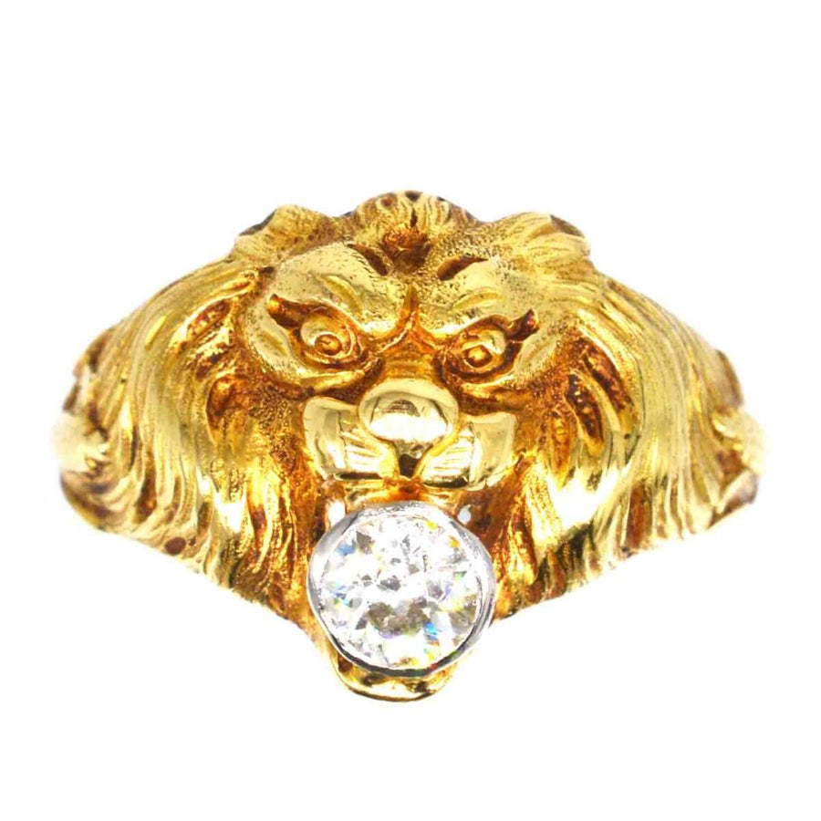 French Art Nouveau 18ct gold lion head ring featuring a diamond, showcasing intricate craftsmanship and bold design.