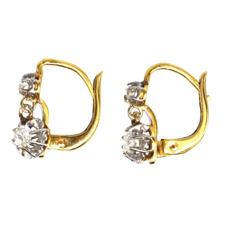 French Belle Epoque 18ct gold and platinum diamond drop dormeuse earrings with pie crust claw setting.