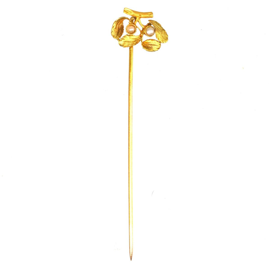 French Late 19th Century 18ct Gold Mistletoe Pearl Tie Pin | Parkin and Gerrish | Antique & Vintage Jewellery