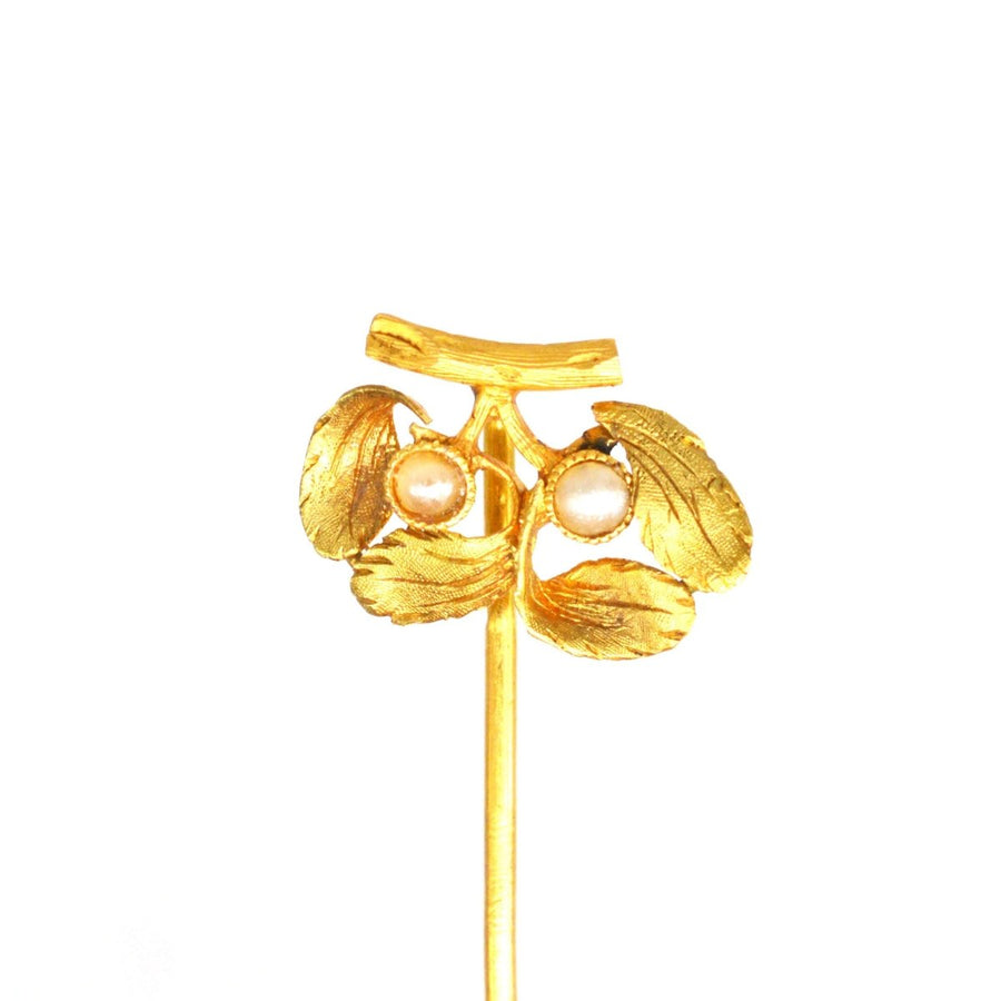 French Late 19th Century 18ct Gold Mistletoe Pearl Tie Pin | Parkin and Gerrish | Antique & Vintage Jewellery