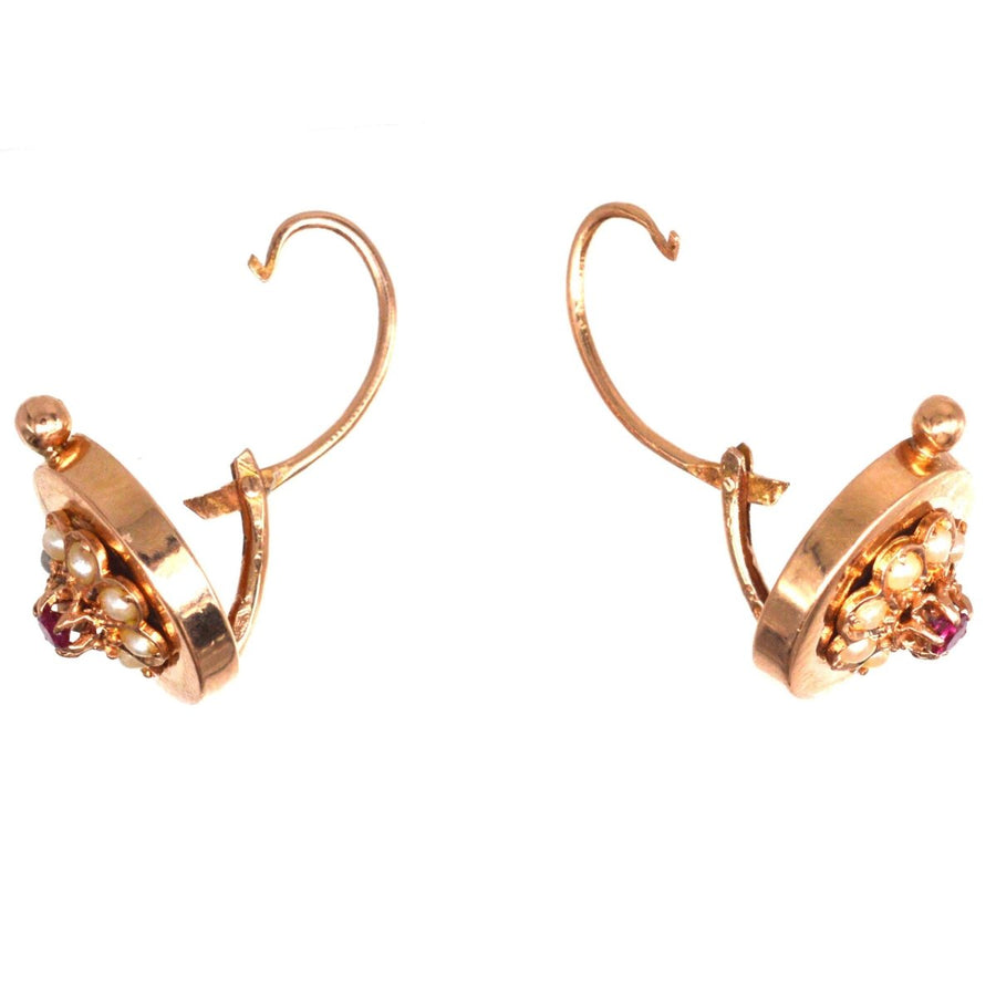 French Late 19th Century 18ct Rose Gold Seed Pearls and Ruby Cluster Earrings | Parkin and Gerrish | Antique & Vintage Jewellery