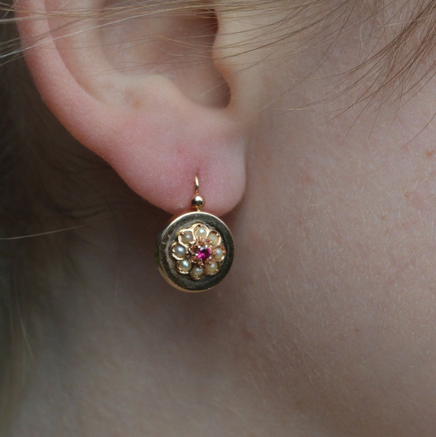 French Late 19th Century 18ct Rose Gold Seed Pearls and Ruby Cluster Earrings | Parkin and Gerrish | Antique & Vintage Jewellery