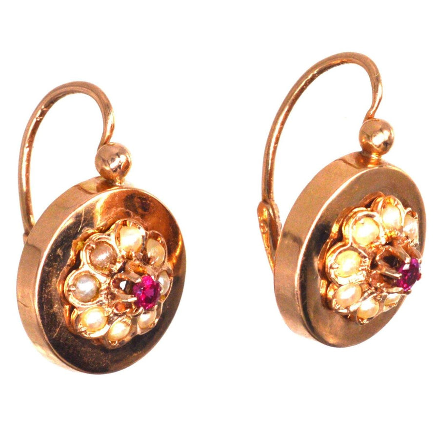 French Late 19th Century 18ct Rose Gold Seed Pearls and Ruby Cluster Earrings | Parkin and Gerrish | Antique & Vintage Jewellery