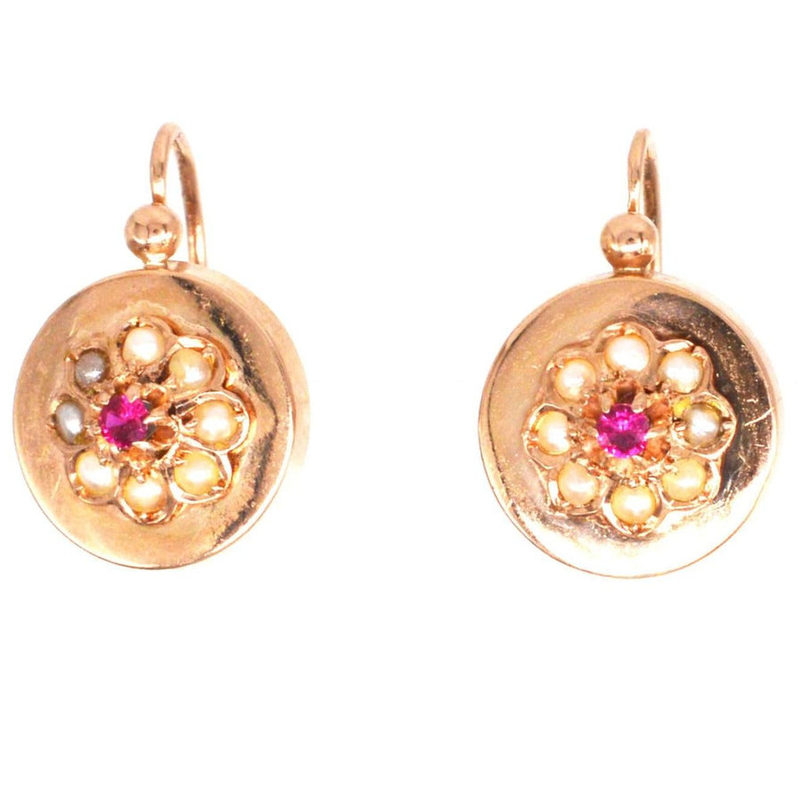 French Late 19th Century 18ct Rose Gold Seed Pearls and Ruby Cluster Earrings | Parkin and Gerrish | Antique & Vintage Jewellery