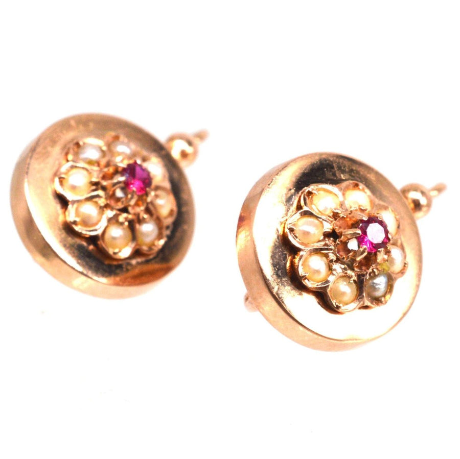 French Late 19th Century 18ct Rose Gold Seed Pearls and Ruby Cluster Earrings | Parkin and Gerrish | Antique & Vintage Jewellery