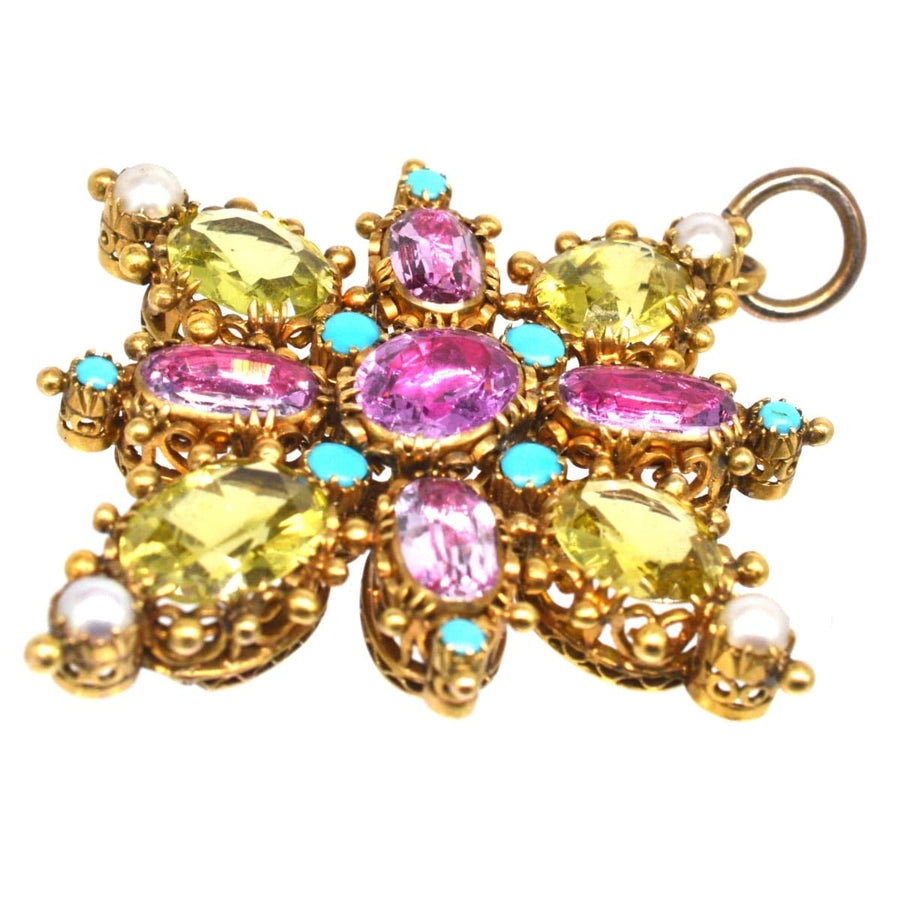 Georgian 15ct gold pendant featuring pink topaz, chrysoberyl, natural pearls, and turquoise gems.
