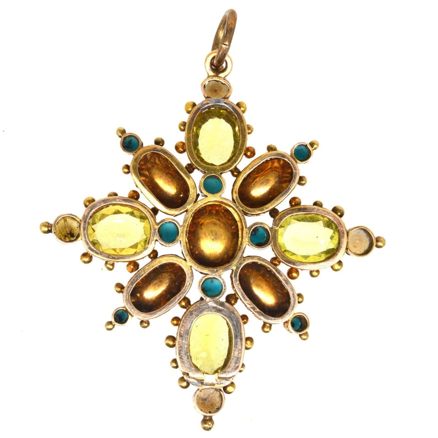Georgian gold pendant featuring pink topaz, chrysoberyl, natural pearl, and turquoise from the 1820s.