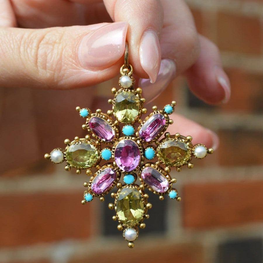 Georgian gold pendant featuring pink topaz, chrysoberyl, turquoise, and natural split pearls, 1820s antique jewelry.