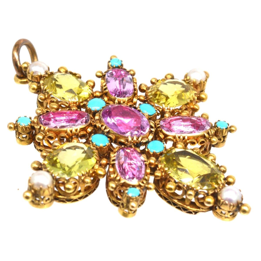 Georgian 15ct gold pendant featuring pink topaz, chrysoberyl, natural pearl, and turquoise in an elegant design.